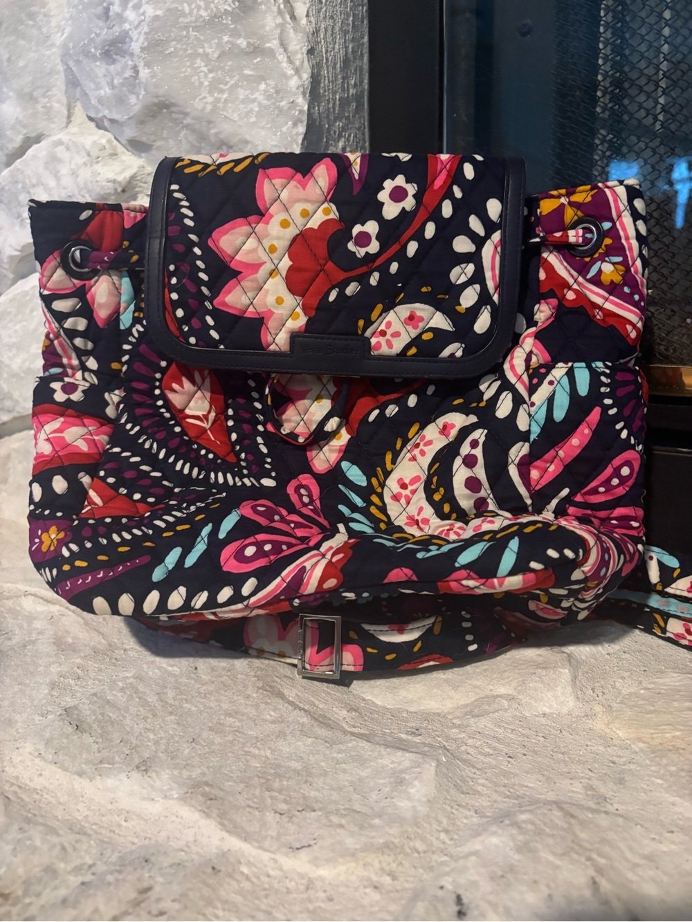 Vera Bradley Quilted Floral Print Women's Backpack - Dark Blue & Pink